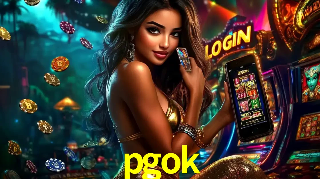 Mulher em um cenário de cassino temático de aventura, mostrando o app de caça-níqueis da pgok no celular. Fichas de apostas flutuam ao redor.