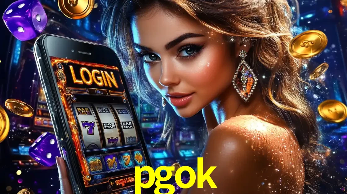 Mulher glamorosa segurando um smartphone com a tela de login para os jogos de caça-níqueis do cassino online pgok, com moedas de ouro e dados ao redor.